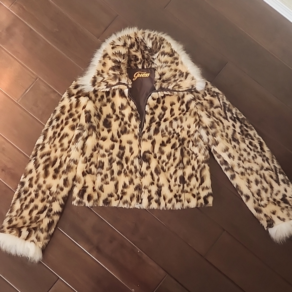 Guess faux fur animal print zip up jacket